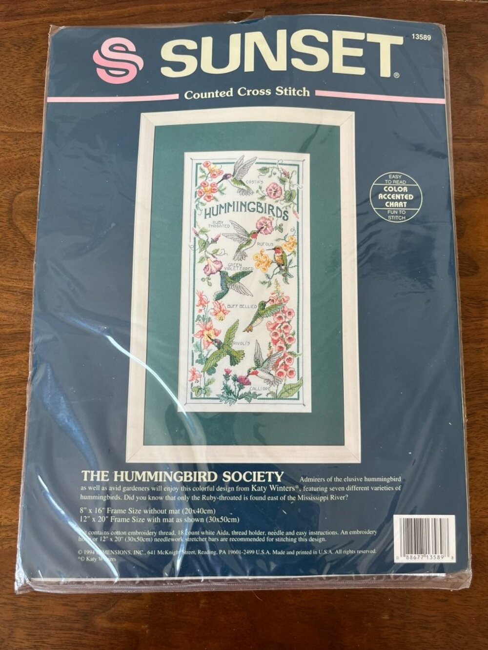 NEW Sealed 1994 Sunset "The Hummingbird Society" Counted Cross Stitch Kit #13589